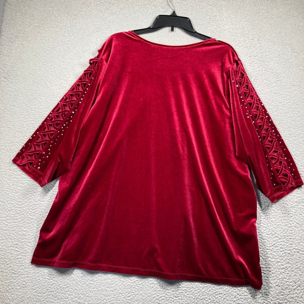 Quacker Factory Blouse Womens 3X NEW Red Velvet Rhinestone Lattice Sleeve Top - Picture 7 of 8